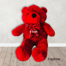 Red plush teddy bear with heart-pattern scarf, product photo (4 ft).