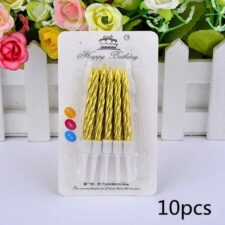 Pack of 10 gold spiral birthday candles on retail card (product image).