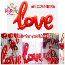 Red 'love' script foil balloon collage for event decor