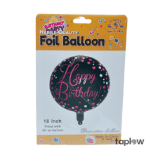 Packaged round 'Happy Birthday' foil balloon in retail blister pack