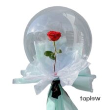 Large brown-and-white panda plush toy held by model