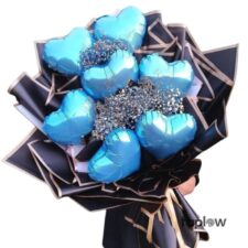 Bouquet of metallic blue heart-shaped balloons with silver glitter fillers and black wrapping