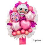 Pink LOL Surprise-themed balloon bouquet with star and heart balloons
