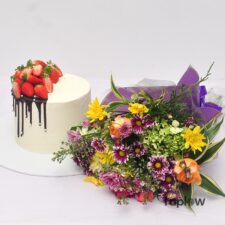 Flower Bouquet With Strawberry Cake Combo