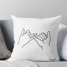 White cushion with hand pinky-promise line-art illustration