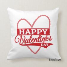 White cushion with HAPPY Valentineâ€™s Day heart graphic
