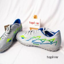 Grey and green football shoes (pair) on white background (product image).