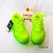 Fluorescent lime-green running shoes (pair) on white background (product shot).