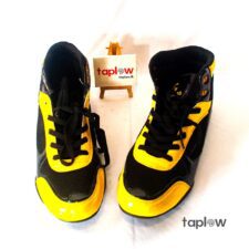 Black and yellow high-top trainers with contrast sole (pair) product image.