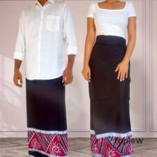 Black sarongs with patterned hem worn by models (pair)