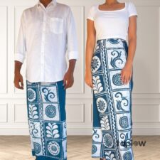 Pair of blue printed sarongs with patchwork design