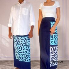 Blue sarong with turquoise floral panel worn by model (pair)