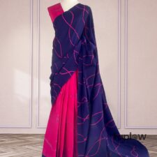 Navy and fuchsia printed saree on mannequin â€” product image.