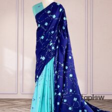 Navy blue saree with aqua patterned border on mannequin