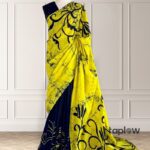 Blue & yellow saree shown on mannequin with gradient print