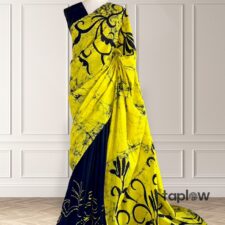 Blue & yellow saree shown on mannequin with gradient print